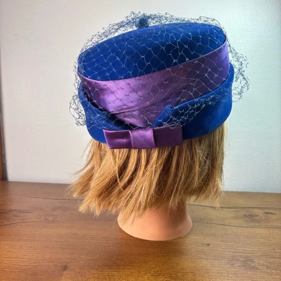 VTG 50s Pillbox Millinary Veiled Netting Hat Headpiece Blue Velvet Mod - Picture 12 of 12